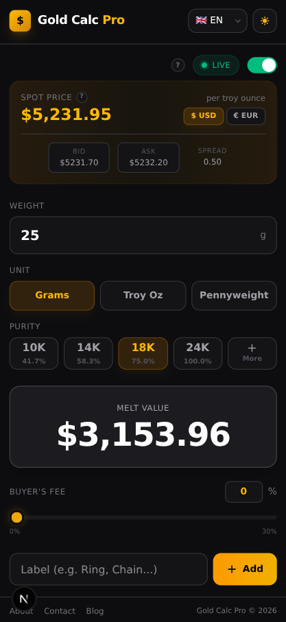 GoldCalc Pro App Interface